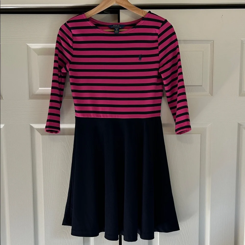Polo Ralph Lauren Girls Preppy Fuchsia and Navy Striped Ponte Dress Size XL(16)